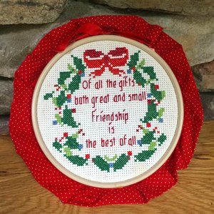 VTG Christmas Cross Stitch Friendship Poem Hoop Ruffle Cottagecore